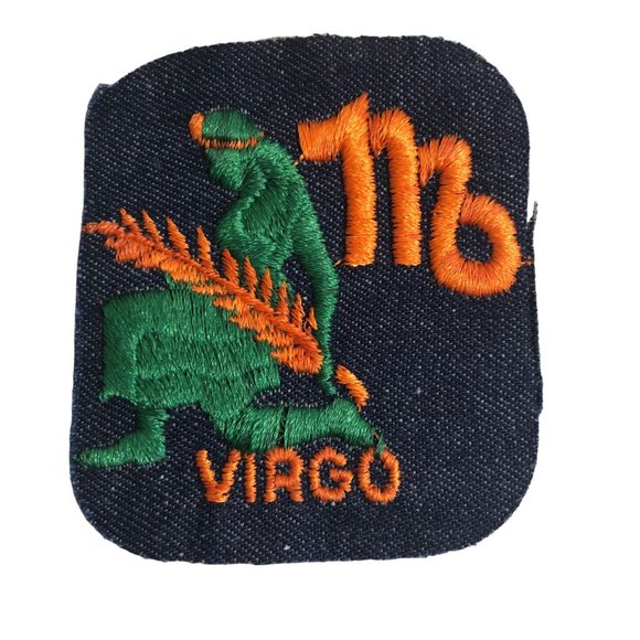 Vintage Rumper Stitcher Embroidered Sew Iron On Patch Astrology Virgo Green Deni - Picture 1 of 4